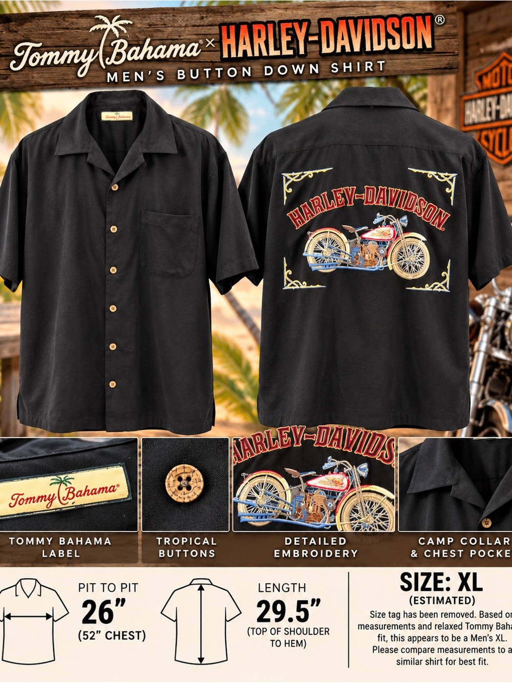 🏍️ Tommy Bahama Harley-Davidson Men’s XL Black Embroidered Motorcycle Shirt